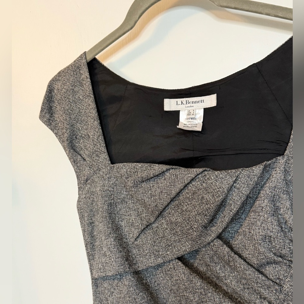 LK Bennett Gray Tweed Style 100% Wool Ruched Office Business Midi Dress- Size 2 - Picture 5 of 7